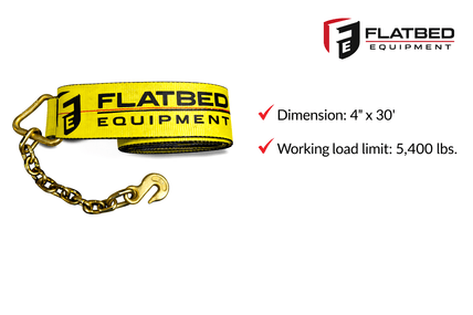 Winch Strap 4" x 30' Chain Anchor Heavy Duty - Flatbed Equipment Inc