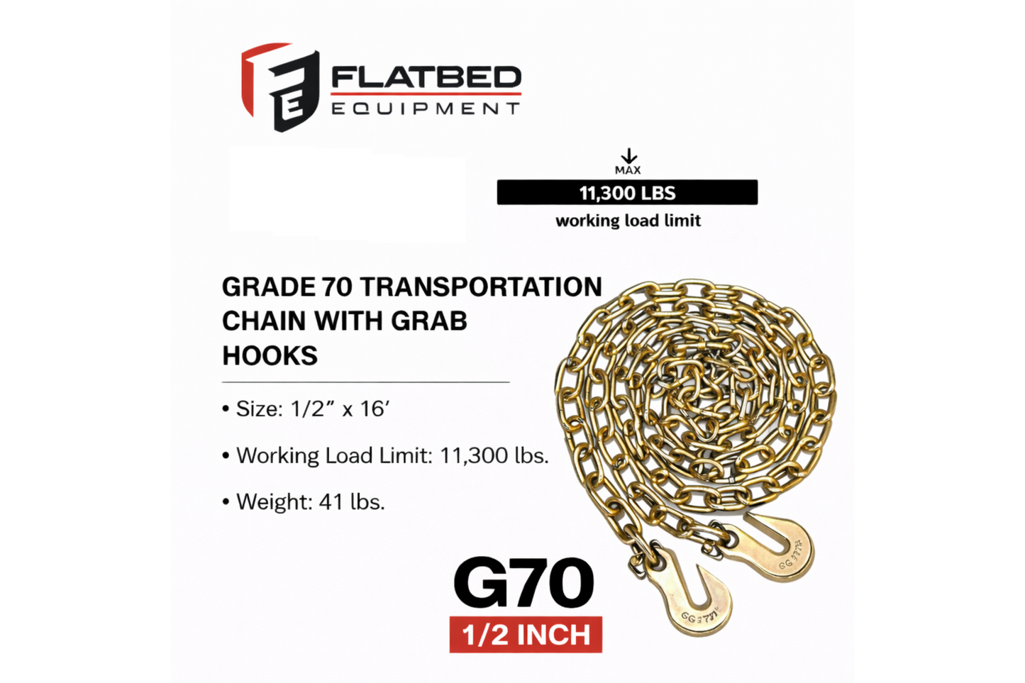 1/2'' x 16' G70 Transport Chain w/ Clevis Grab Hooks
