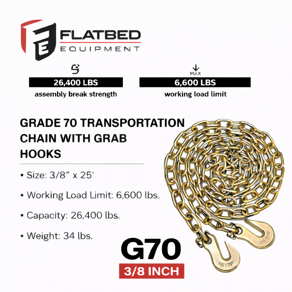3/8'' x 25' G70 Transport Chain w/ Clevis Grab Hooks