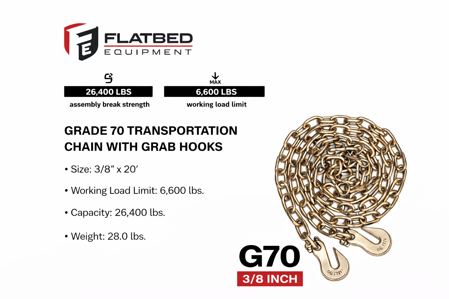 Transport Chain 3/8" x 20' G70 Heavy Duty - Flatbed Equipment Inc