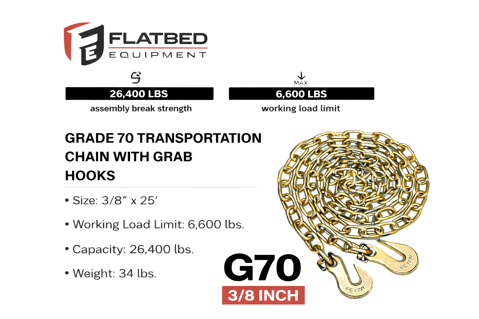 Transport Chain 3/8" x 25' G70 w/ Grab Hooks Heavy Duty - Flatbed Equipment Inc