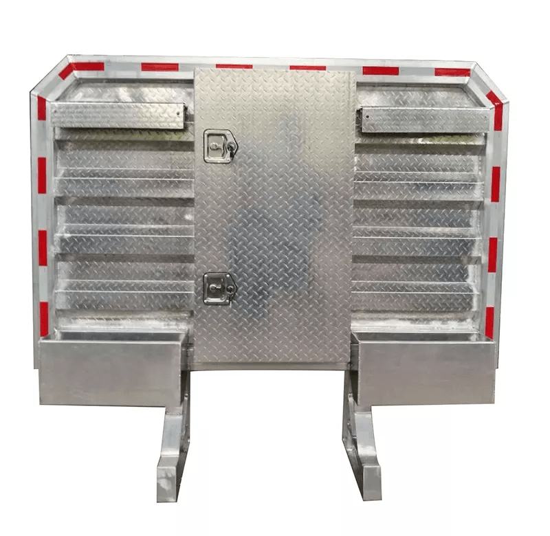 Headache Rack 68" x 80" Aluminum w/ Center Toolbox & Chain Hangers - Flatbed Equipment Inc